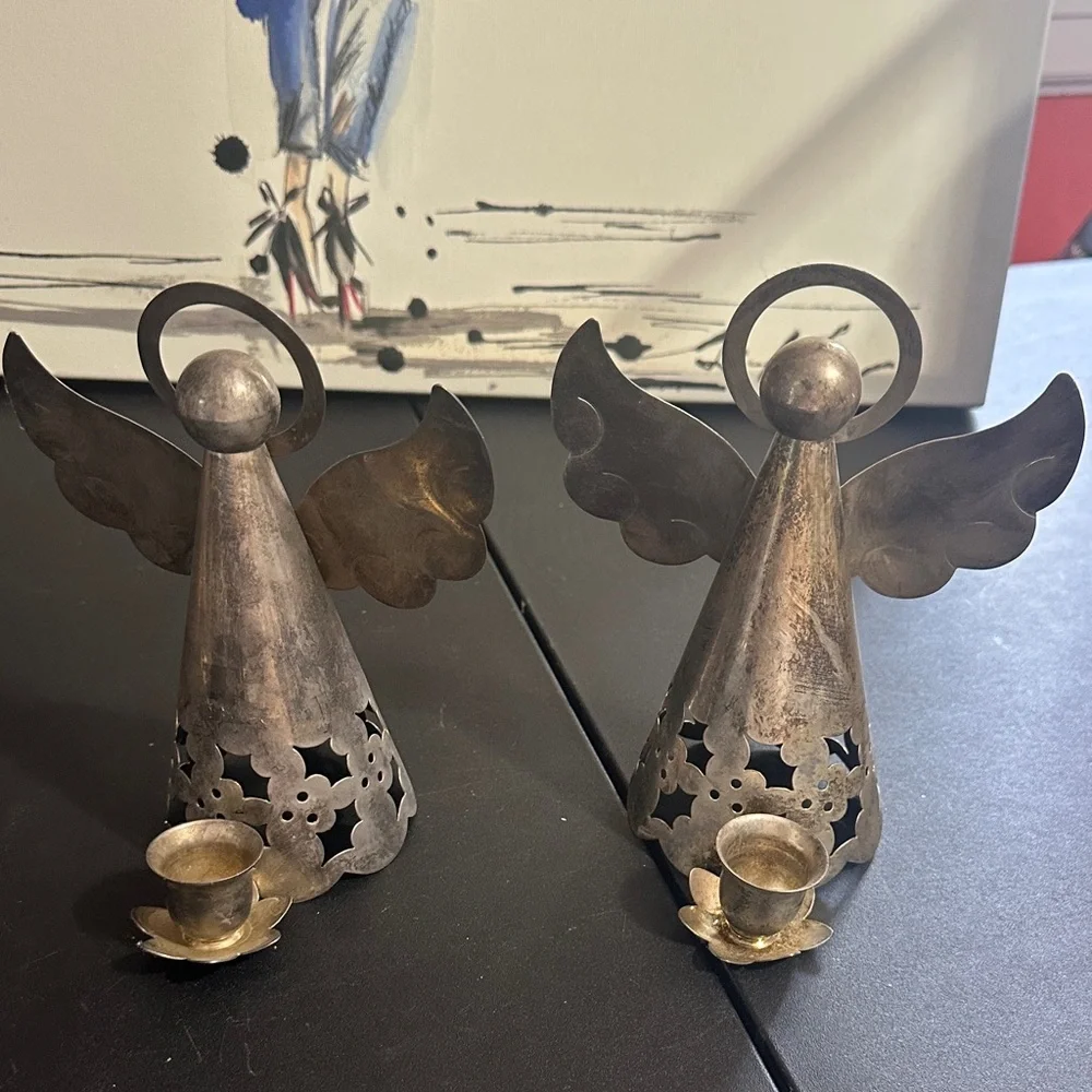 Vintage silver angel candle holders set of 2